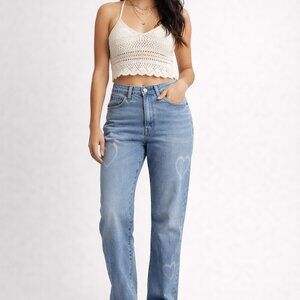 Hollister Ultra High Rise Dad Jean Vintage Stretch Heart Pattern Size 27R Boho